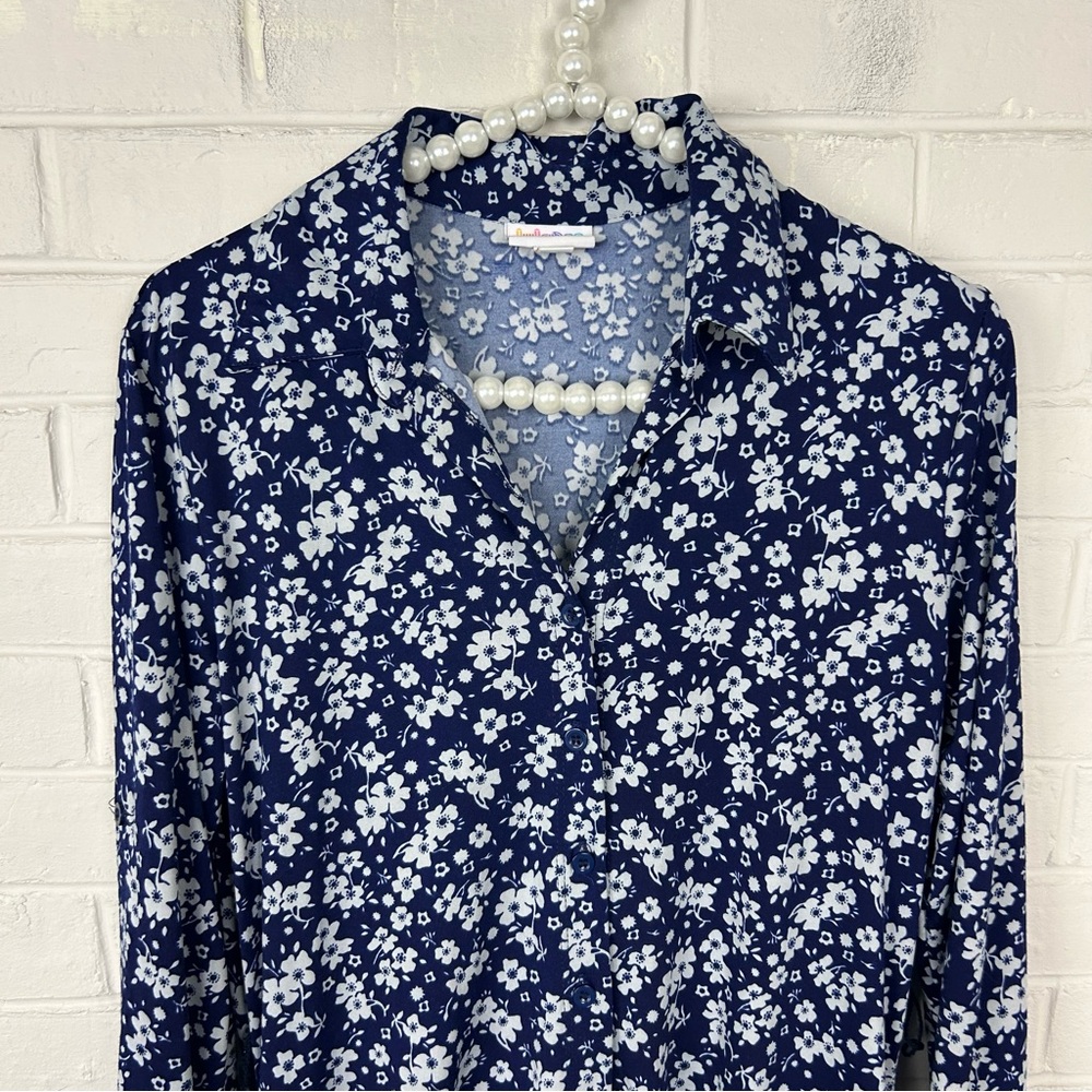 Lularoe Blue White Floral Stretch Button Front Long Sleeve Shirt Dress Size XS - Picture 4 of 10